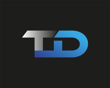 İlk harf TD logotype şirketi adı mavi ve gümüş rengi Swoosh tasarımı. Siyah arkaplanda izole.