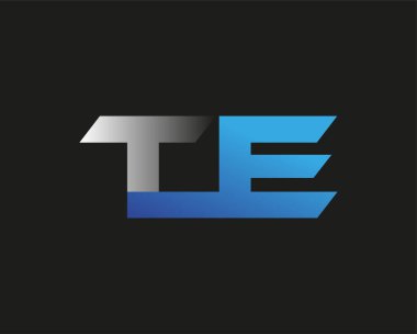 İlk harf TE logotype şirket adı mavi ve gümüş rengi swoosh tasarımı. Siyah arkaplanda izole.