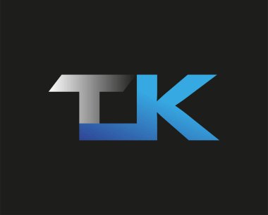 İlk harf TK logotype şirketinin adı mavi ve gümüş rengi desenli. Siyah arkaplanda izole.