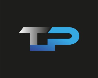 İlk harf TP logotype şirketinin adı mavi ve gümüş rengi desenli. Siyah arkaplanda izole.