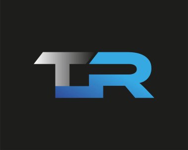 İlk harf TR logotype şirketinin adı mavi ve gümüş rengi desenli. Siyah arkaplanda izole.