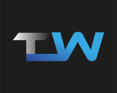 İlk harfi TW logotype şirketinin adı mavi ve gümüş rengi desenli. Siyah arkaplanda izole.
