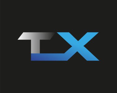 İlk harf TX logotype şirketinin adı mavi ve gümüş rengi desenli. Siyah arkaplanda izole.