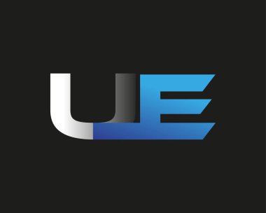 İlk harf UE logotype şirketinin adı mavi ve gümüş rengi desenli. Siyah arkaplanda izole.