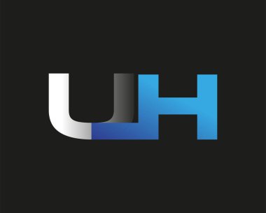 İlk harf UH logotype şirketinin adı mavi ve gümüş rengi desenli. Siyah arkaplanda izole.
