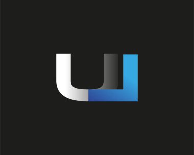 İlk harf UI logotype şirketinin adı mavi ve gümüş rengi desenli. Siyah arkaplanda izole.