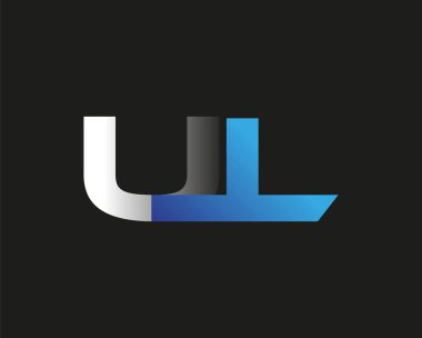 İlk harf UL logotype şirketinin adı mavi ve gümüş rengi desenli. Siyah arkaplanda izole.