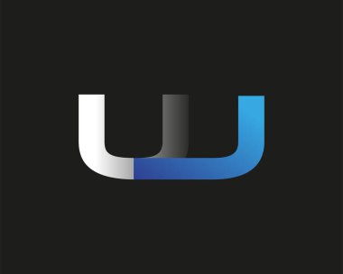 İlk harfi UJ logotype şirketi. Renkli mavi ve gümüş rengi desenli. Siyah arkaplanda izole.