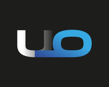 İlk harf UO logotype şirketinin adı mavi ve gümüş rengi desenli. Siyah arkaplanda izole.