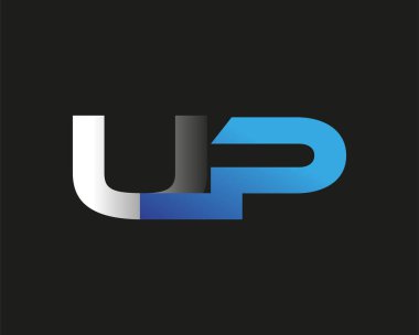 UP logotype şirketinin ilk harfi mavi ve gümüş rengi. Siyah arkaplanda izole.