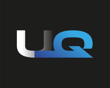 İlk harfi UQ logotype şirketi. Renkli mavi ve gümüş rengi desenli. Siyah arkaplanda izole.