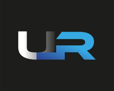 İlk harf UR logotype şirketi adı mavi ve gümüş rengi. Siyah arkaplanda izole.