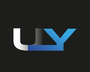 İlk harfi UY logotype şirketinin adı mavi ve gümüş rengi desenli. Siyah arkaplanda izole.