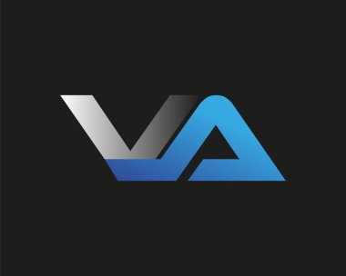 İlk harf VA logotype şirketinin adı mavi ve gümüş rengi desenli. Siyah arkaplanda izole.