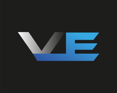 İlk harf VE logotype şirketi adı mavi ve gümüş rengi. Siyah arkaplanda izole.