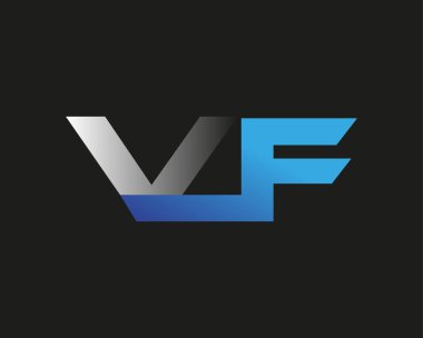 İlk harf VF logotype şirketinin adı mavi ve gümüş rengi desenli. Siyah arkaplanda izole.