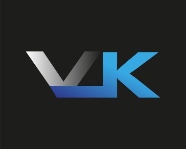 İlk harf VK logotype şirketinin adı mavi ve gümüş rengi desenli. Siyah arkaplanda izole.