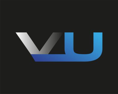İlk harf VU logotype şirketinin adı mavi ve gümüş rengi desenli. Siyah arkaplanda izole.