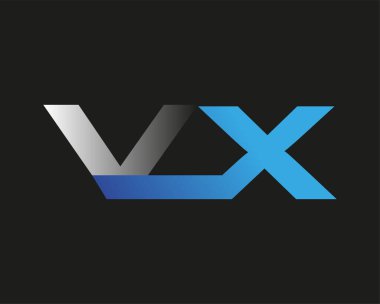 İlk harf VX logotype şirketinin adı mavi ve gümüş rengi desenli. Siyah arkaplanda izole.
