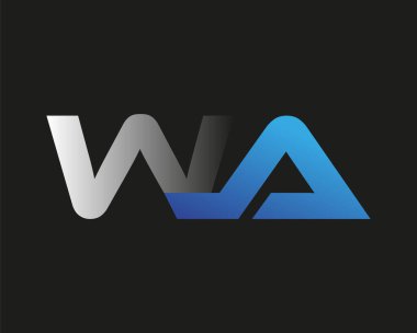 İlk harf WA logotype şirketinin adı mavi ve gümüş rengi desenli. Siyah arkaplanda izole.