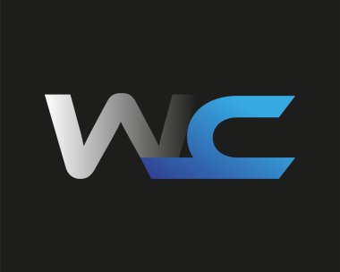 İlk harf WC logotype şirketinin adı mavi ve gümüş rengi desenli. Siyah arkaplanda izole.
