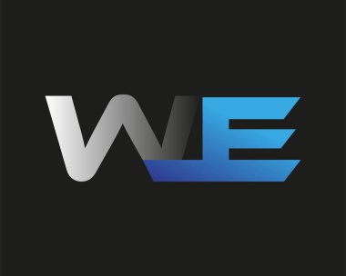 İlk harf We logotype şirket adı mavi ve gümüş rengi swoosh tasarımı. Siyah arkaplanda izole.