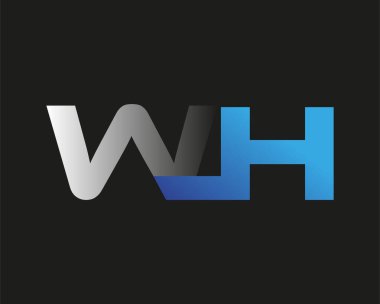 İlk harfi WH logotype şirketinin adı mavi ve gümüş rengi desenli. Siyah arkaplanda izole.