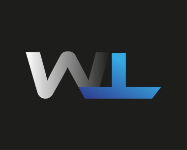 İlk harf WL logotype şirket adı mavi ve gümüş rengi. Siyah arkaplanda izole.