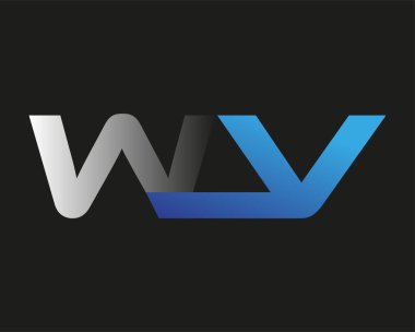 İlk harfi WV logotype şirketinin adı mavi ve gümüş rengi desenli. Siyah arkaplanda izole.