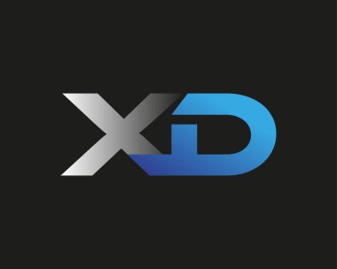 İlk harf XD logotype şirketi adı mavi ve gümüş rengi. Siyah arkaplanda izole.