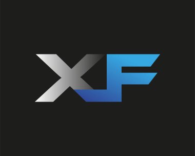 İlk harf XF logotype şirketi adı mavi ve gümüş rengi. Siyah arkaplanda izole.