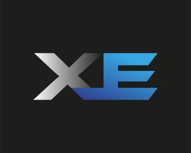 İlk harf XE logotype şirketi adı mavi ve gümüş rengi. Siyah arkaplanda izole.