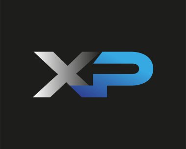 İlk harf XP logotype şirketinin adı mavi ve gümüş rengi desenli. Siyah arkaplanda izole.