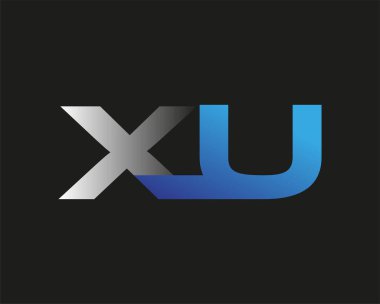 İlk harf XU logotype şirketi adı mavi ve gümüş rengi. Siyah arkaplanda izole.