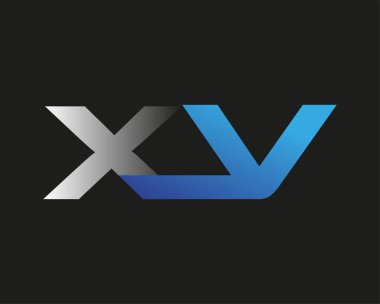 İlk harf XV logotype şirketi adı mavi ve gümüş rengi. Siyah arkaplanda izole.