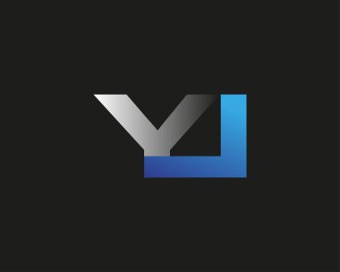 İlk harf YI logotype şirketi adı mavi ve gümüş rengi. Siyah arkaplanda izole.
