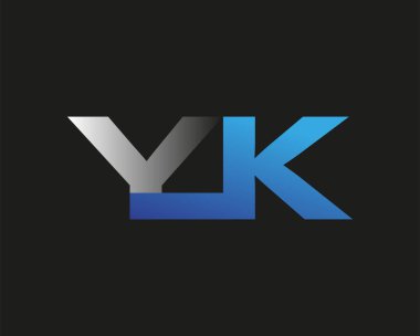 İlk harf YK logotype şirketinin adı mavi ve gümüş rengi desenli. Siyah arkaplanda izole.
