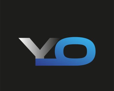 İlk harf YO logotype şirketinin adı mavi ve gümüş rengi desenli. Siyah arkaplanda izole.