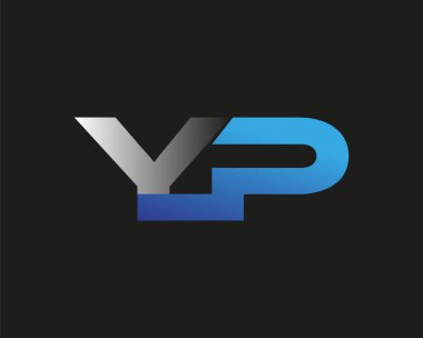 İlk harf YP logotype şirketinin adı mavi ve gümüş rengi desenli. Siyah arkaplanda izole.