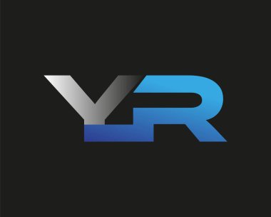 İlk harf YR logotype şirketinin adı mavi ve gümüş rengi desenli. Siyah arkaplanda izole.