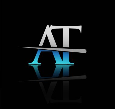 İlk amblem harfi AT şirketinin adı mavi ve gümüş rengi desenli. iş ve şirket için vektör logosu