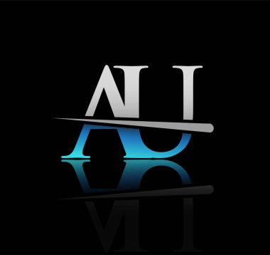 İlk harf AU şirket adı mavi ve gümüş rengi Swoosh tasarımı. iş ve şirket için vektör logosu