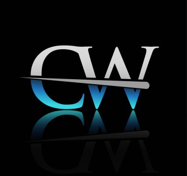 İlk logotype harfli CW şirketi adı mavi ve gümüş renkli Swoosh tasarımı. iş ve şirket için vektör logosu