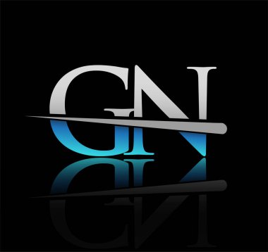 İlk logotype harfli GN şirketi adı mavi ve gümüş renkli Swoosh tasarımı. iş ve şirket için vektör logosu