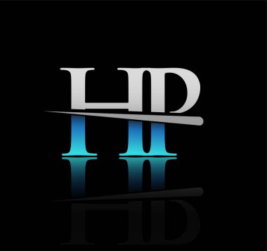 İlk logotype harfli HP şirketi adı mavi ve gümüş renkli Swoosh tasarımı. iş ve şirket için vektör logosu
