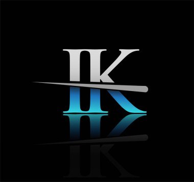 İlk logotype harfli IK şirketinin adı mavi ve gümüş renkli Swoosh tasarımı. iş ve şirket için vektör logosu