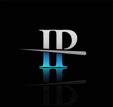 İlk logotype harfli IP şirketi adı mavi ve gümüş renkli Swoosh tasarımı. iş ve şirket için vektör logosu