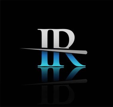 İlk logoti tipi IR şirketi adı mavi ve gümüş rengi Swoosh tasarımı. iş ve şirket için vektör logosu