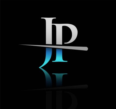 İlk logotype harfli JP şirketinin adı mavi ve gümüş renkli Swoosh tasarımı. iş ve şirket için vektör logosu