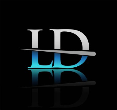 İlk logoti harfli LD şirketinin adı mavi ve gümüş renkli Swoosh tasarımı. iş ve şirket için vektör logosu
